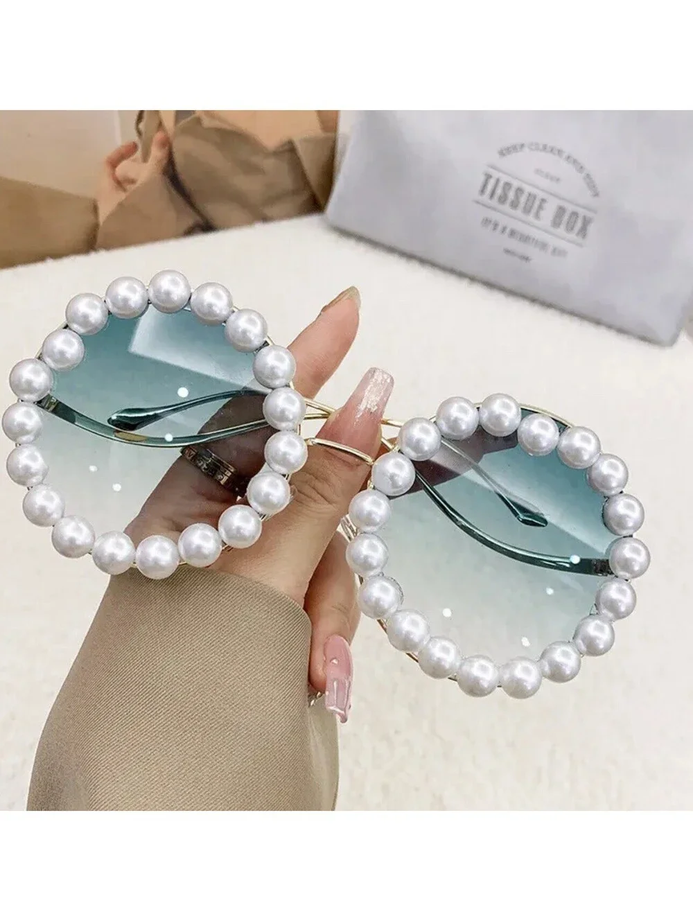 Beautiful Faux Pearl Embellished Sunglasses Two Lense Colors Aqua And Violet
